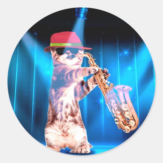 Cute Cat Saxophonist Ronde Sticker (Voorkant)