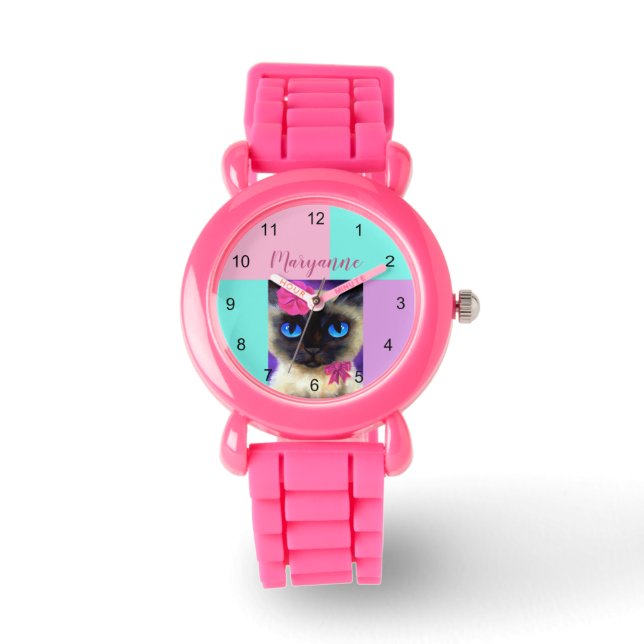 Cute Cat Siamese Pink Glitter Name Illustration Horloge (Voorkant)