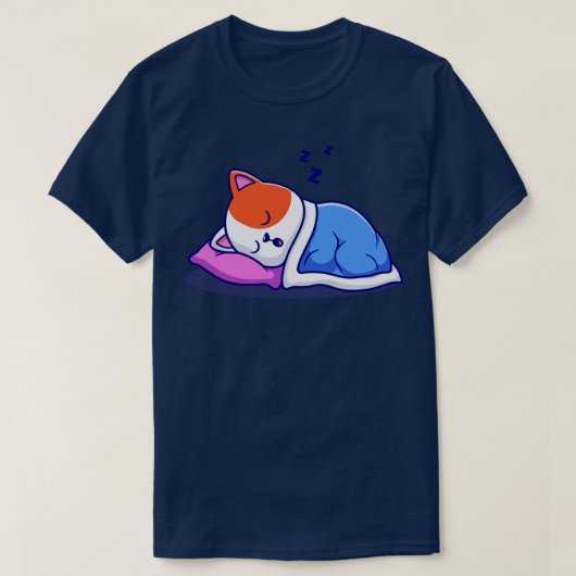 Cute Cat Slaping met Pillow en Blanket Cartoon T-shirt (Design voorkant)