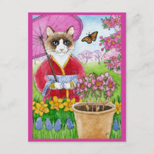 Cute cat Spring tuin roze briefkaart