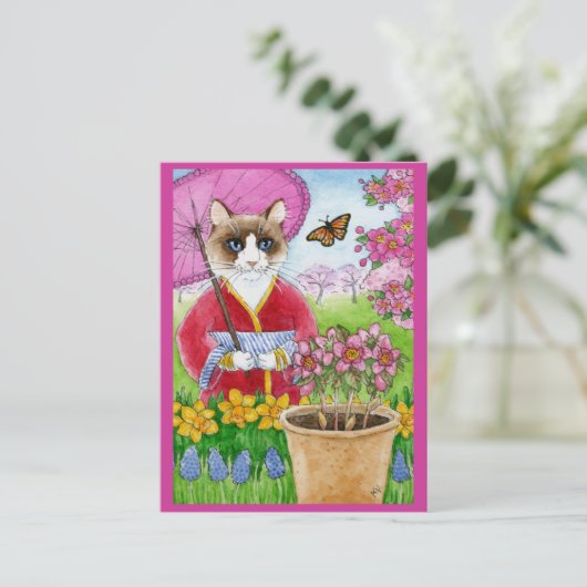 Cute cat Spring tuin roze briefkaart (Staand voorkant)