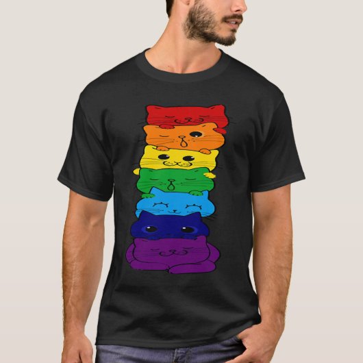 Cute Cat Stack Gay Rainbow Flag Pride LGBQ Support T-shirt (Voorkant)