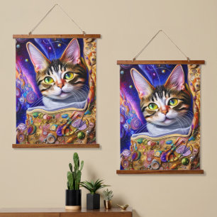 Cute Cat Starry Neon Achtergrond Kat-ontwerp Hangend Wandkleed