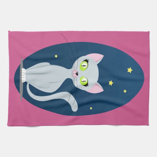 Cute Cat Starry sky Cartoon Roze Aangepaste kleur Theedoek (Horizontaal)
