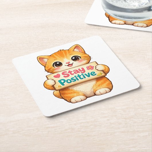 Cute Cat Stay Positive Artwork Kartonnen Onderzetters (Schuin)