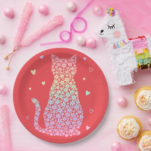  cute cat sweet rainbow hearts pastel gradient papieren bordje (Feest)