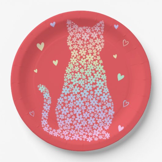 cute cat sweet rainbow hearts pastel gradient papieren bordje (Voorkant)