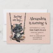 Cute Cat Swing on by Roze Stippen Kind Birthday Kaart (Voorkant)