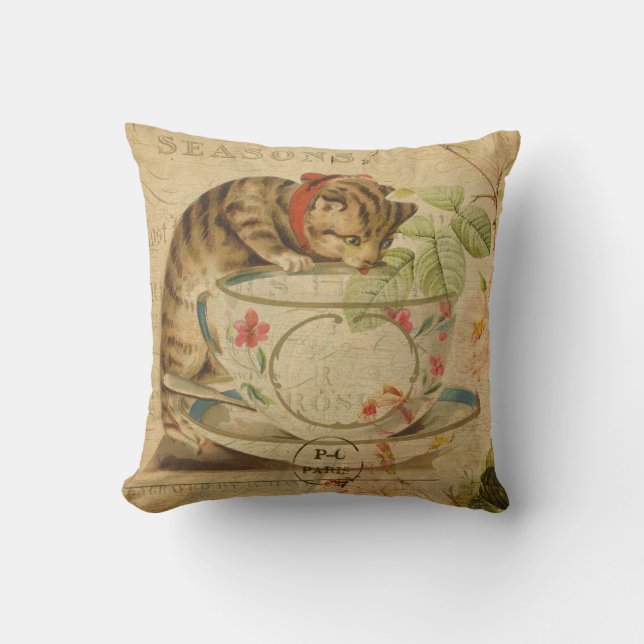 Cute  Cat Tea Cup Floral Collage Kussen (Voorkant)