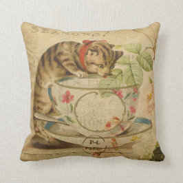 Cute Cat Tea Cup Floral Collage Kussen