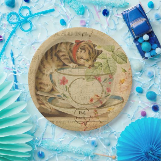 Cute  Cat Tea Cup Floral Collage Papieren Bordje (Feest)