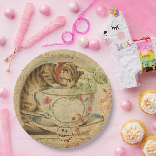 Cute  Cat Tea Cup Floral Collage Papieren Bordje (Feest)