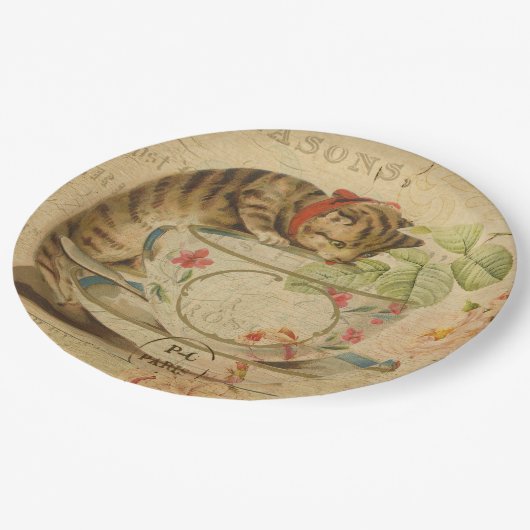 Cute  Cat Tea Cup Floral Collage Papieren Bordje (Gekanteld)