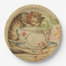 Cute  Cat Tea Cup Floral Collage Papieren Bordje