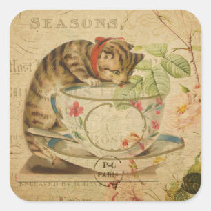 Cute  Cat Tea Cup Floral Collage Vierkante Sticker