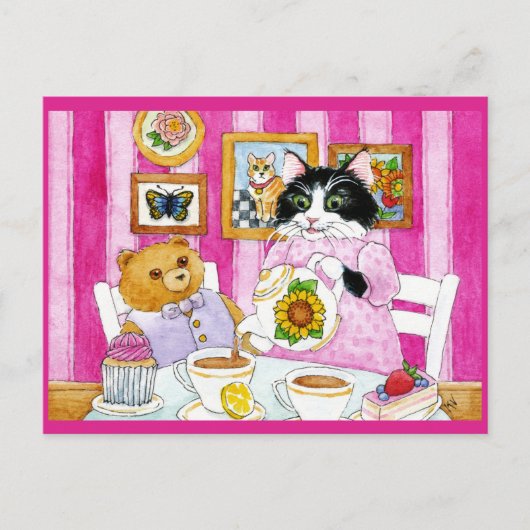 Cute Cat, Teddy Bear, briefkaart theepartij (Voorkant)