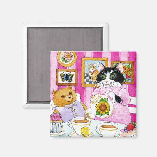 Cute Cat, Teddy Bear, Tea, Cupcake magnet (Voorkant / Achterkant)