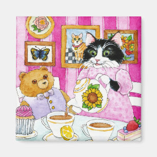 Cute Cat, Teddy Bear, Tea, Cupcake magnet