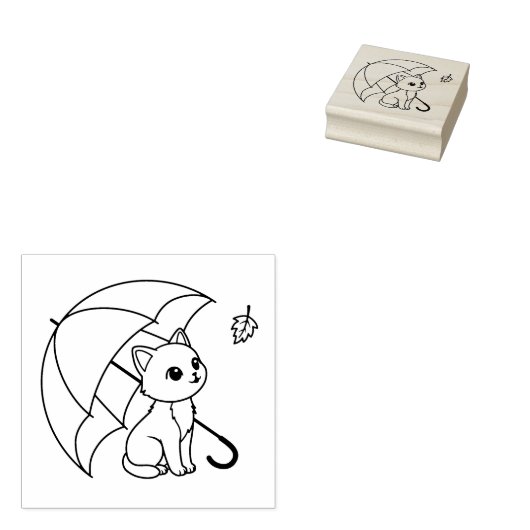 Cute Cat Umbrella Leaf Rubberstempel (Gestempeld)