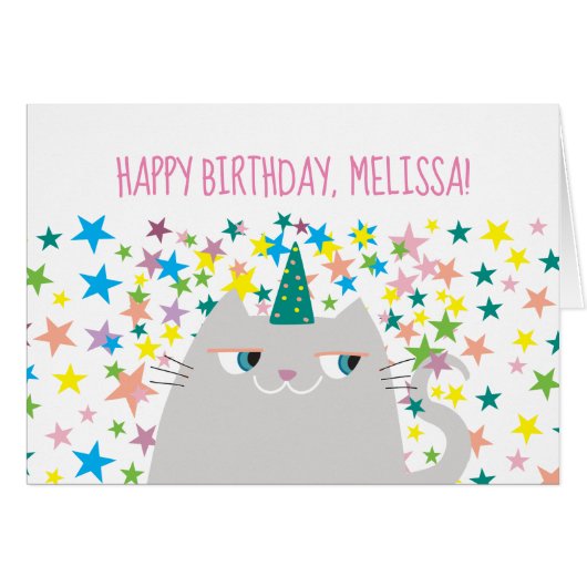 Cute Cat Unicorn Birthday Card (Voorkant Horizontaal)