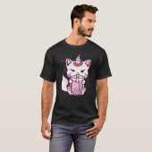 Cute Cat Unicorn Drink bubbelthee T-shirt (Voorkant volledig)
