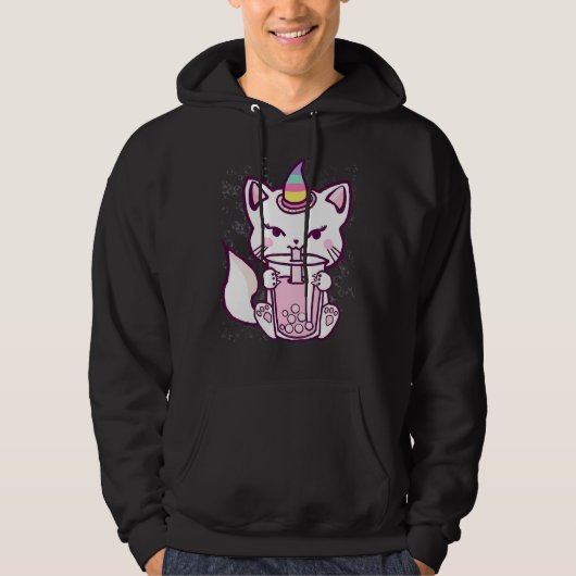Cute Cat Unicorn Drinking Bubble Tea Design Hoodie (Voorkant)