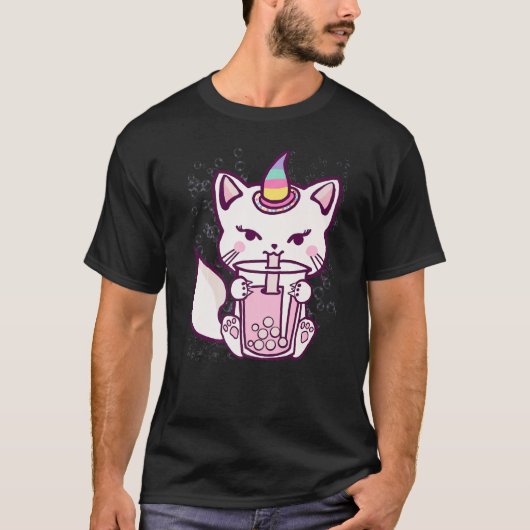 Cute Cat Unicorn Drinking Bubble Tea T-shirt (Voorkant)