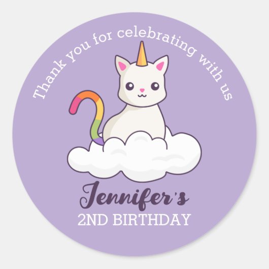 Cute Cat Unicorn kinderen Birthday Party Favor Ronde Sticker (Voorkant)