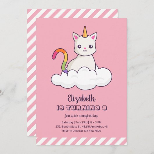 Cute Cat Unicorn over Cloud Girl Birthday Kaart (Voorkant / Achterkant)