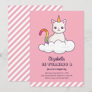 Cute Cat Unicorn over Cloud Girl Birthday Kaart