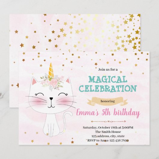 Cute cat unicorn-uitnodiging feestdagenkaart (Voorkant / Achterkant)