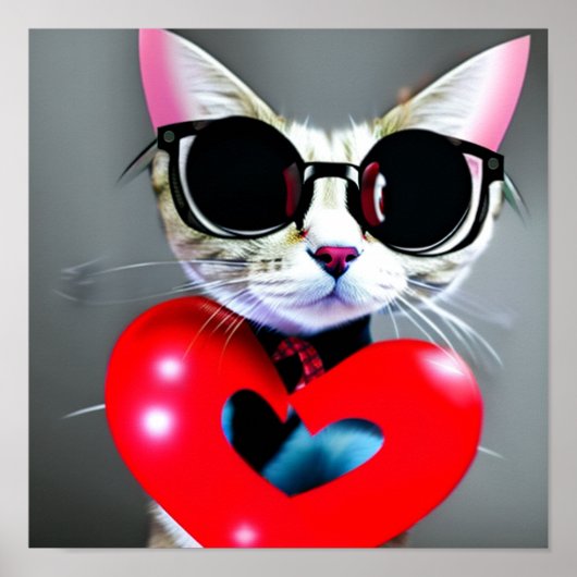 Cute Cat Valentijnsdag Heart Blac Glasses Art Poster (Voorkant)
