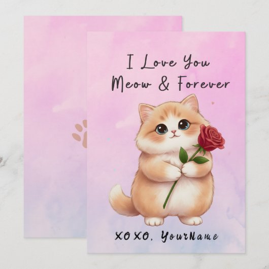 Cute Cat Valentine Card I Love You Meow & Forever Feestdagenkaart (Voorkant / Achterkant)