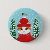 Cute cat, vogelwinter, kerstsneeuwknop ronde button 5,7 cm (Voorkant)
