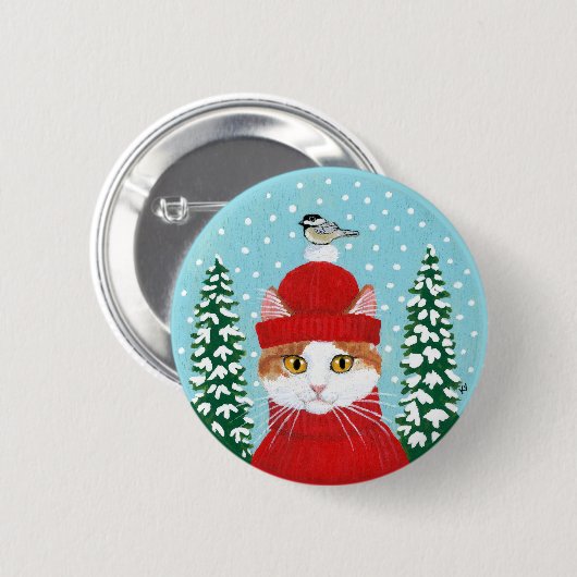 Cute cat, vogelwinter, kerstsneeuwknop ronde button 5,7 cm (Voorkant /achterkant)