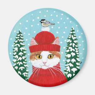Cute cat, vogelwinter sneeuw magneet