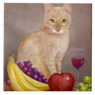 Cute Cat Wine Grapes Apple Bananas Creationarts Tegeltje