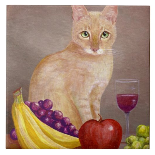 Cute Cat Wine Grapes Apple Bananas Creationarts Tegeltje (Voorkant)