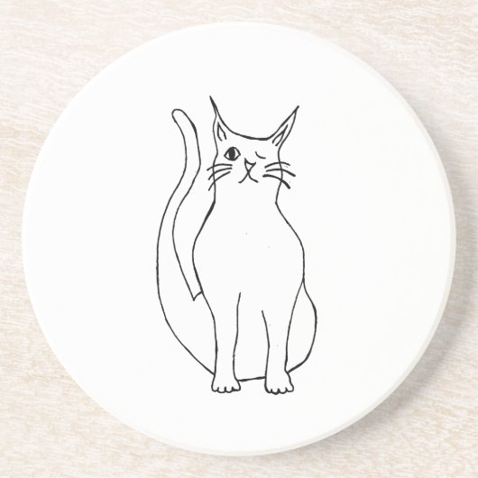 Cute Cat Winking Kat Cartoon Black White Zandsteen Onderzetter (Voorkant)