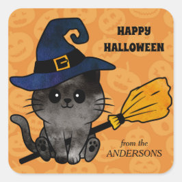Cute Cat Witch en Broom Halloween Vierkante Sticker