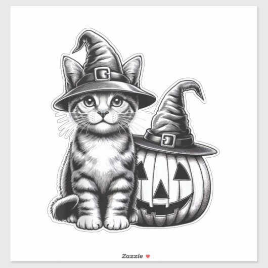 Cute Cat Witch Hat Pumpkin Halloween Cat Lover Boy Sticker (Vel)