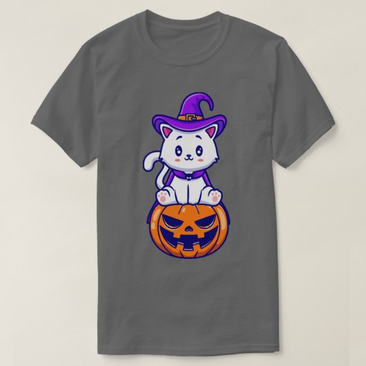 Cute Cat Witch, zit op pompoen Cartoon T-shirt (Design voorkant)