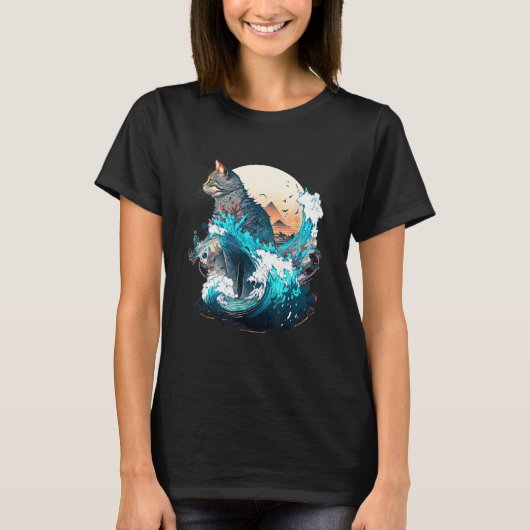 Cute Cat with a ocaen wave Illustration 1 T-shirt (Voorkant)