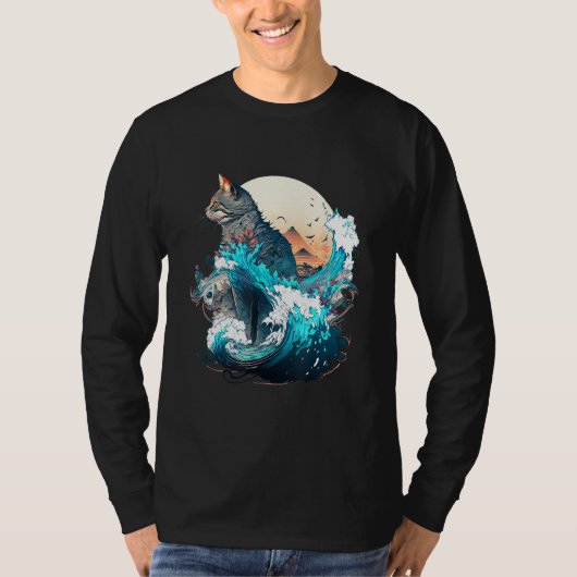 Cute Cat with a ocaen wave Illustration 1 T-shirt (Voorkant)