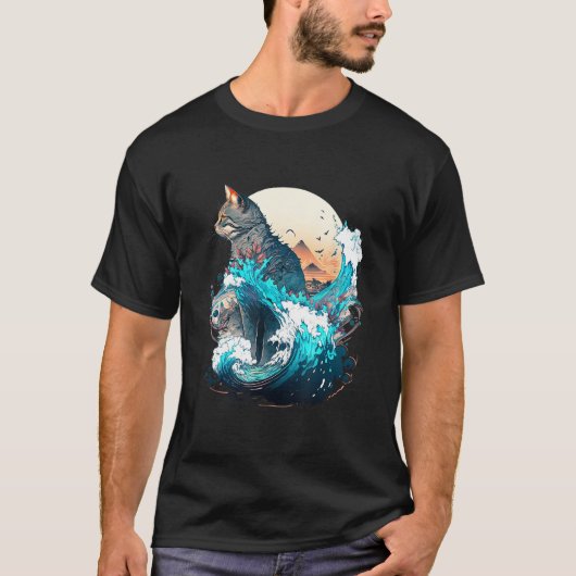 Cute Cat with a ocaen wave Illustration 1 T-shirt (Voorkant)
