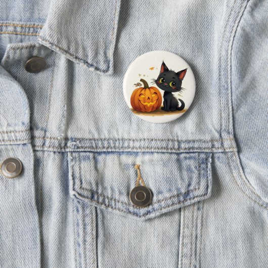 Cute Cat with Carved Pumpkin Ronde Button 5,7 Cm (In situ)
