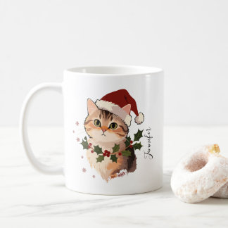 Cute Cat with Christmas hat Personalized Name Koffiemok