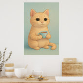 Cute Cat with Coffee Cup – Adorable Pastel Animal Poster (Keuken)