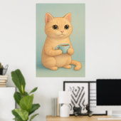 Cute Cat with Coffee Cup – Adorable Pastel Animal Poster (Thuiskantoor)