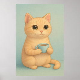 Cute Cat with Coffee Cup – Adorable Pastel Animal Poster